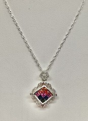 Vintage Rainbow Color Faceted Square Sterling 925 Diamond Shape Pendant Necklace