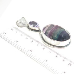 925 Sterling Silver Vintage Pear-Cut Amethyst & Oval-Cut Fluorite Large Pendant