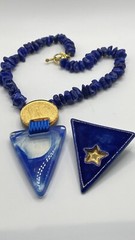 Vintage Lapis Stone nuggets Beaded Necklace W/ Triangle pendant & Brooch