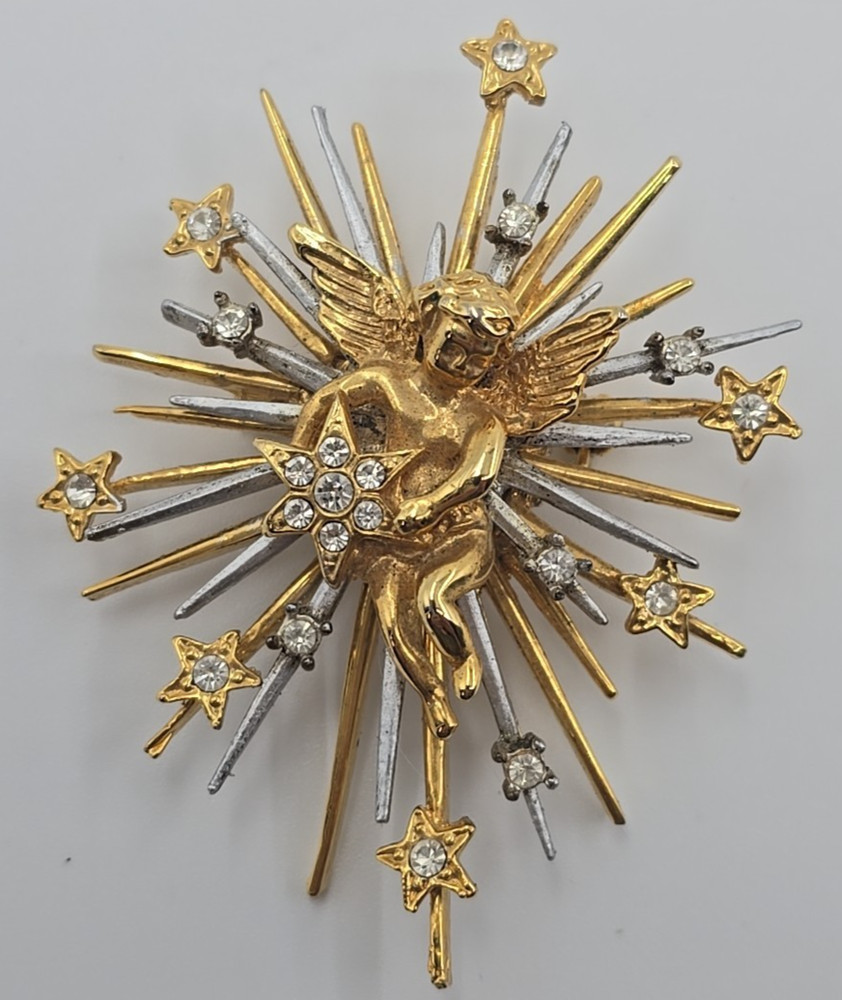 Vintage Angel Cherub Stars Mix Metal Rhinestone Starburst Brooch or Pendant 3″