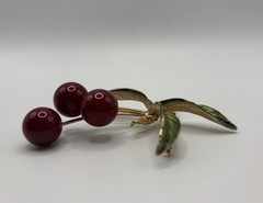 Vintage Large 3.25″ Gold-Tone Red & Green Enamel Cherry Statement Brooch