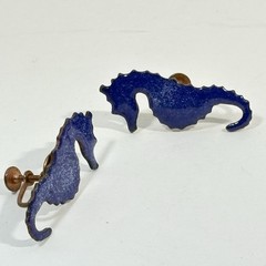Copper Enamel Seahorse Earrings Vintage Artisan Blue Screw Back 1.5″