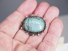 Antique brooch pin Egyptian scarab silver & ceramic jewelry signed in two places