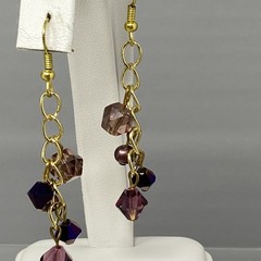 Glass Beaded Dangle Drop Earrings Pair (2) Purple Yellow Fringe Pierced