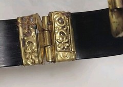 Vtg Egyptian Revival Wood Brass Inlay Hinged Bangle Cuff Bracelet Trombone Clasp