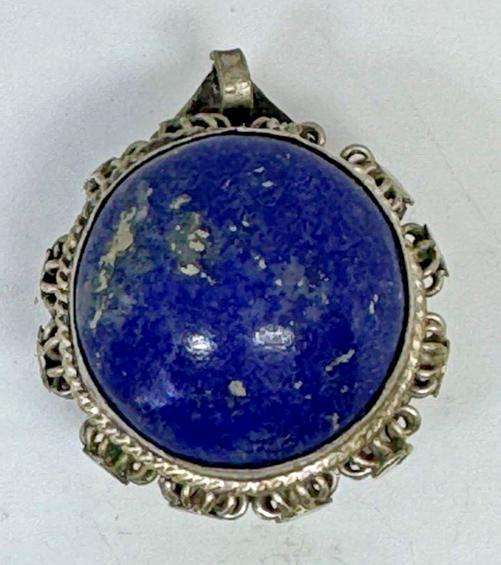 Antique 21mm Blue Lapis Lazuli Silver Tribal Eye Pendant Yemeni