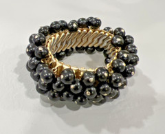 Glass Bead Expandable Bracelet Black Round Cha Cha Dangle Gold Tone Japan Capri