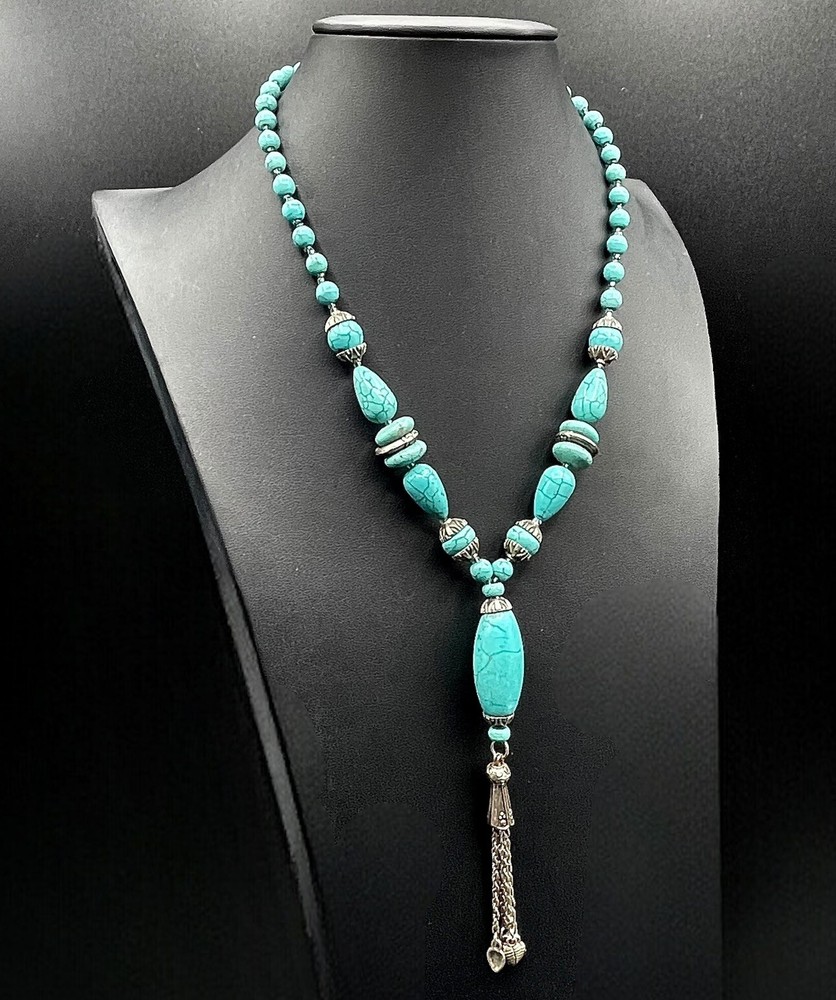 CHINESE TURQUOISE Necklace 70s Tassel Y-Drop 18” Silver Plated Statement #1 EUC