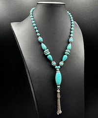 CHINESE TURQUOISE Necklace 70s Tassel Y-Drop 18” Silver Plated Statement #1 EUC