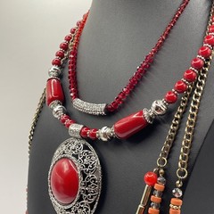 Necklace Lot Of 3 RED BOHO Eclectic, Glass, Metal, Plastic, Beads Estate