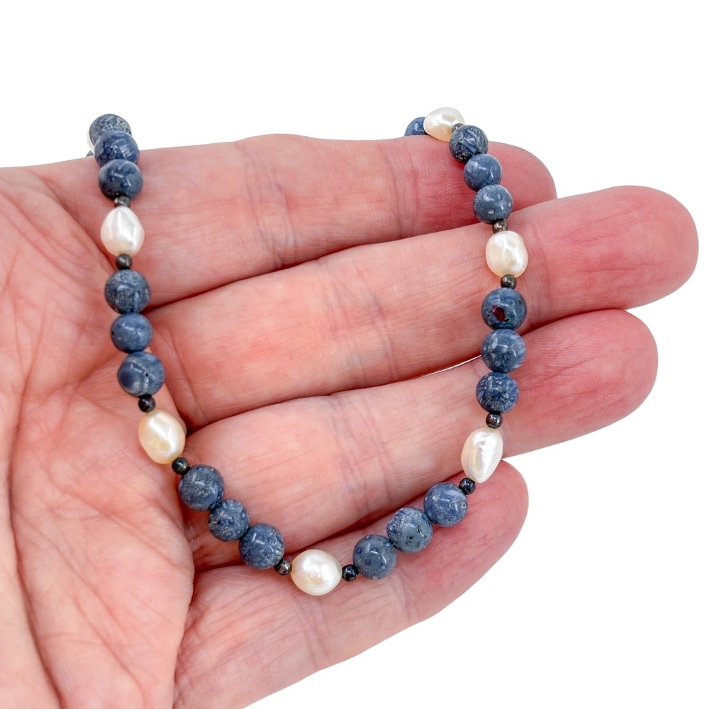 Vintage Sterling Silver 925 | Blue Kyanite & Pearl Beaded Necklace 18”