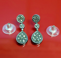 VTG 925 MC Teardrop Marcasite Earrings 1in Drop Sterling Silver 3gtw New Backs