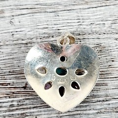 VINTAGE HAMMERED GEMSTONE HEART STERLING SILVER 925 PENDANT SOUTHWEST LOVE RETRO