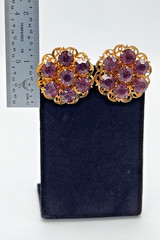 Vintage Amethyst Purple Rhinestone Cluster Clip On Earrings Gold Tone 1960s