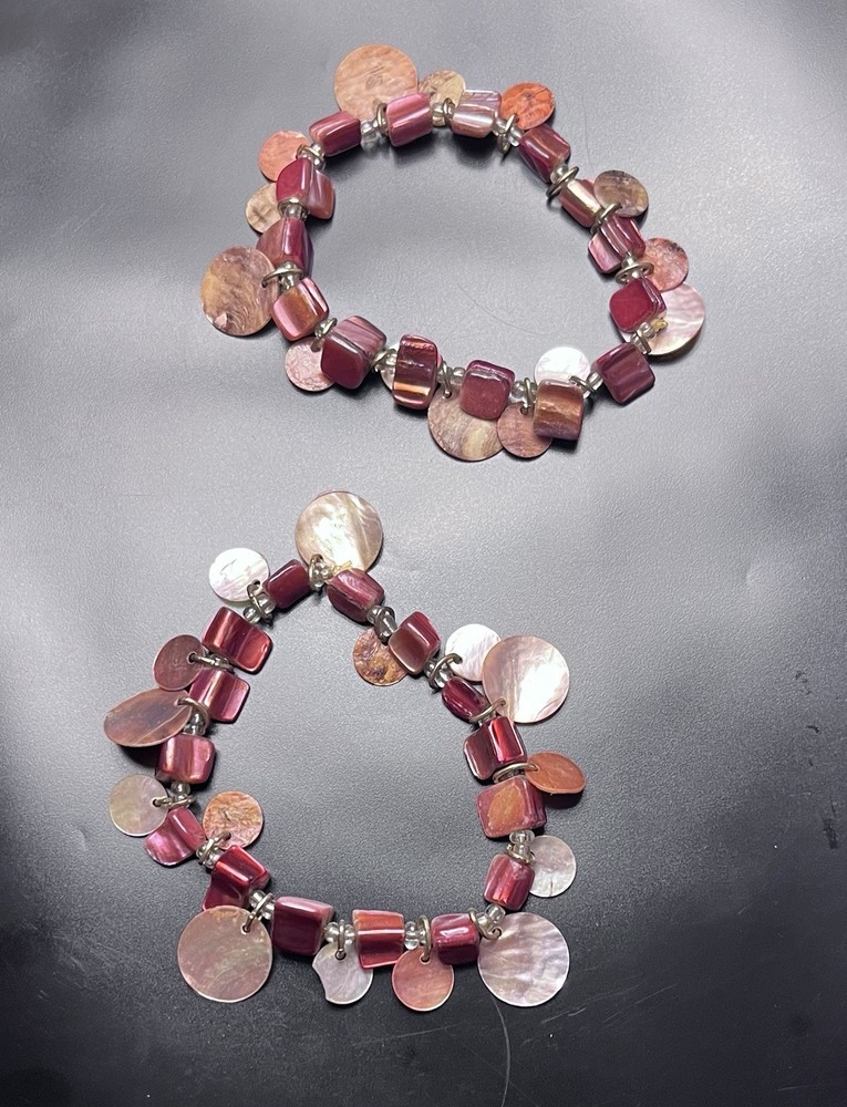 2 Rhodochrosite Rose Pink Abalone Shell Bead Silver Statement Stretch Bracelets
