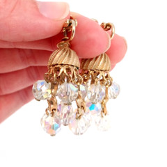 VTG Clip On Dangle Drop Earrings Aurora Borealis Cluster Rhinestone Carousel