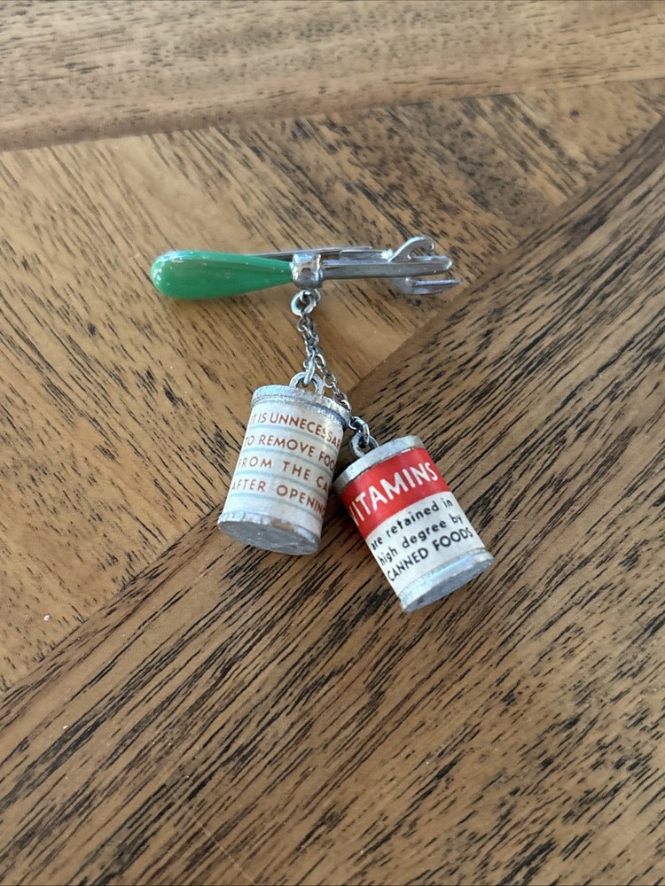 Vintage Vitamin Canned Goods Charm Can Opener Brooch Pin 1950s