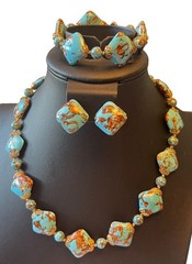 VTG Made In Italy Venetian Glass Turquoise Blue Aventurine 3-Piece Jewelry Set –