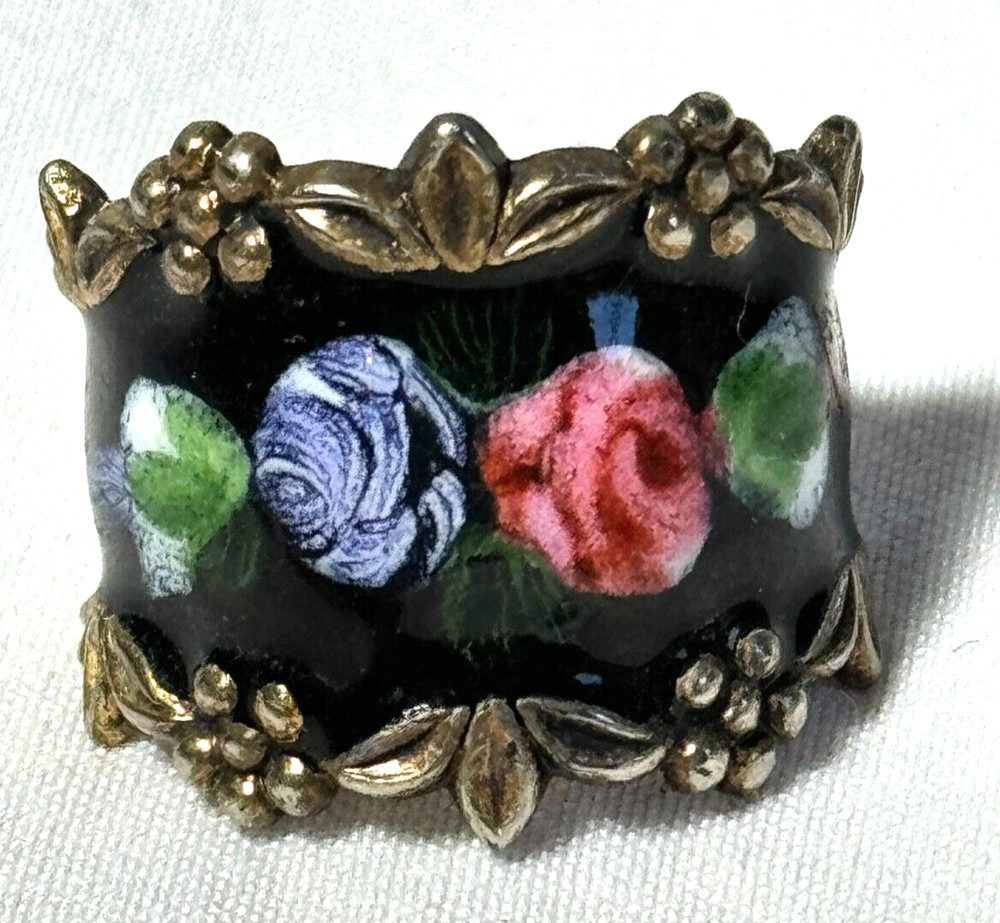VINTAGE STERLING WIDE FLOWER ROSE ENAMEL CIGAR BAND RING SIZE 6 – FREE SHIP