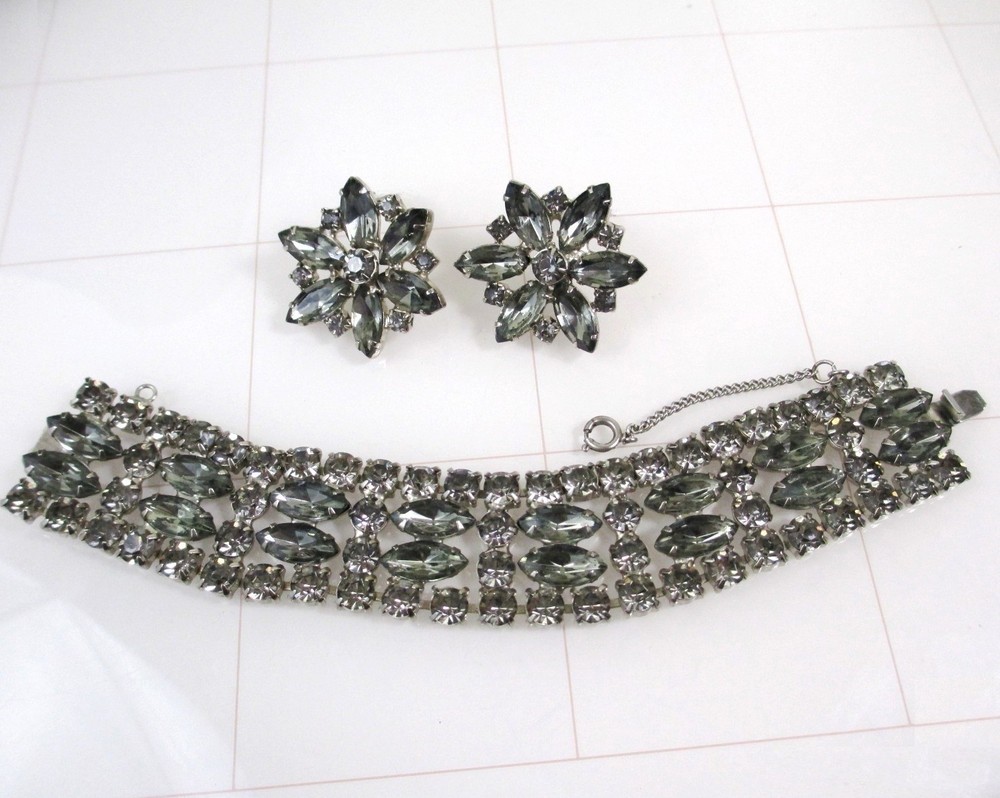 Vintage Silver Smoky Gray Navette Rhinestone Bracelet Earrings Set Kramer Style