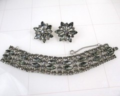 Vintage Silver Smoky Gray Navette Rhinestone Bracelet Earrings Set Kramer Style