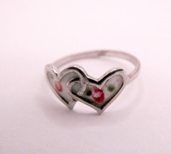 Vintage Sterling Silver Guilloche Enamel Roses Two Hearts Ring 925 Sz 4.75 1.1g