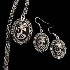 Skull Cameo Necklace Pendant & Earrings, Distressed Lady Lolita Halloween Set