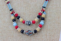 Glass & Metal Bead Necklace, Double Strand, 39gr