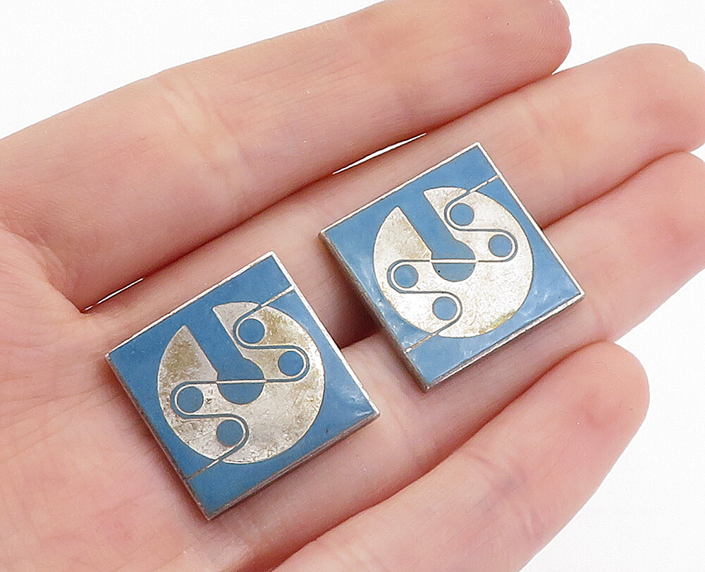 925 Sterling Silver Vintage Blue Enamel Design Bullet Back Cuff Links TR1253
