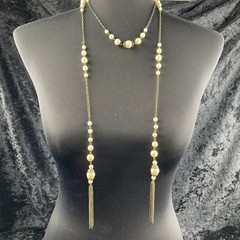 Vintage Flapper 20s Style Lariat Open 56 in Chain Faux Pearl Necklace Tassel