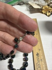 Vintage MCM Oil Slick Peacock Blue Carnival Glass Necklace & Earrings 15in J4