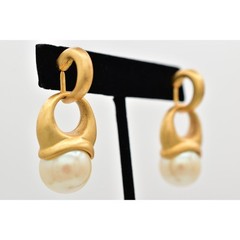 Vintage Pearl Drop Earrings Dangle Brushed Gold Matte Hoop Chunky NOS 1980s A23