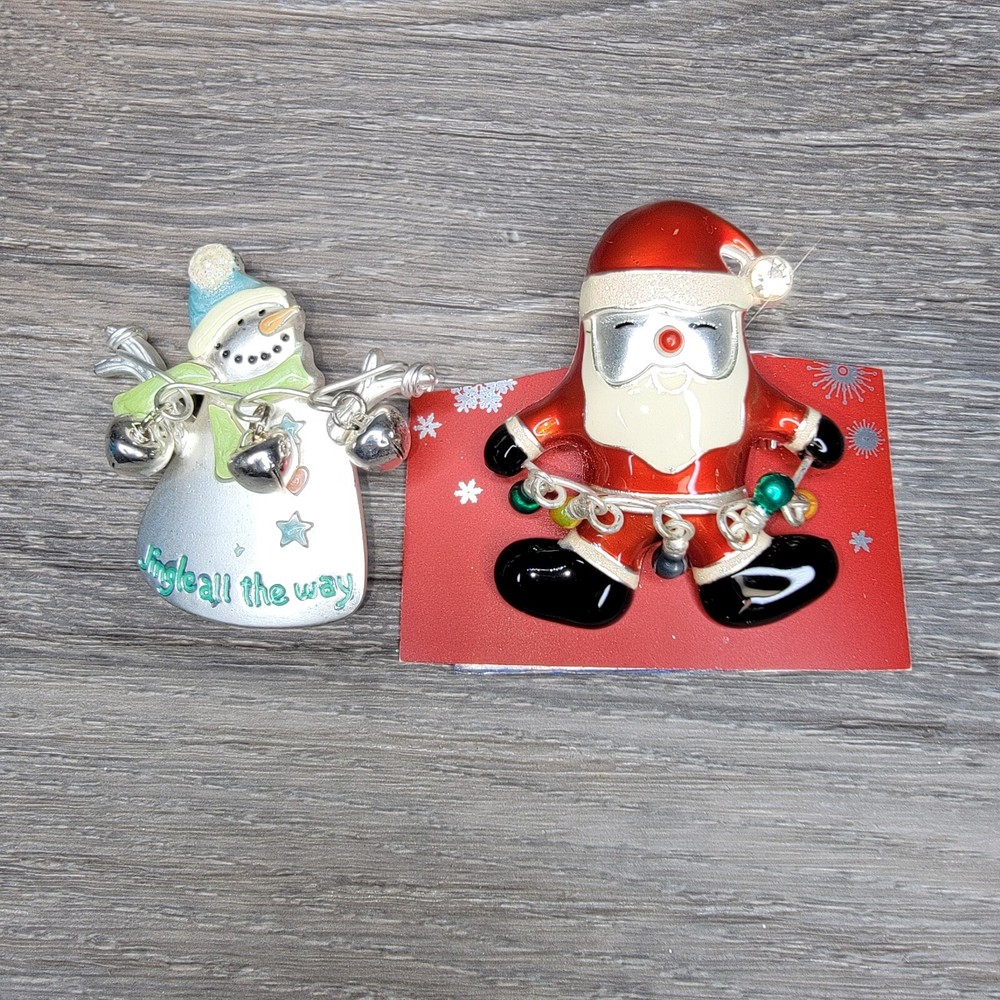 Santa Brooch Open Silver tone Work Vintage Enamel Christmas Holiday Pin Snowman
