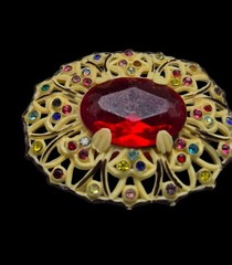 Vtg 1930s Art Deco Celluloid Filigree Brooch Central Red Stone Colorful Accents