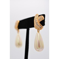 Roman Vintage Dangle Earrings Rhinestone Crystal X Faux Pearl Gold Tone BinAG