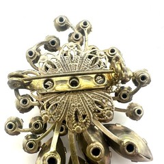 Vintage gold tone jonquil yellow topaz orange brown glass rhinestones brooch