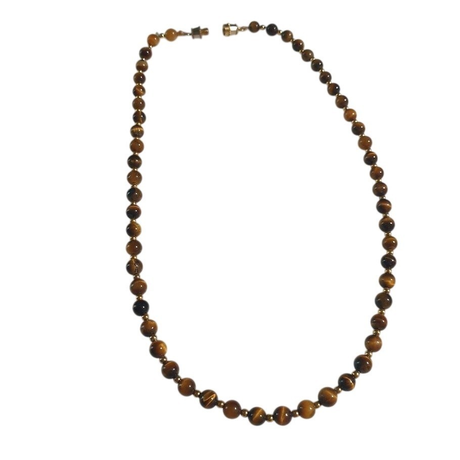 Tiger Eye Beaded Necklace Round Bead Gold Tone Clasp 15 In Jewelry Vintage
