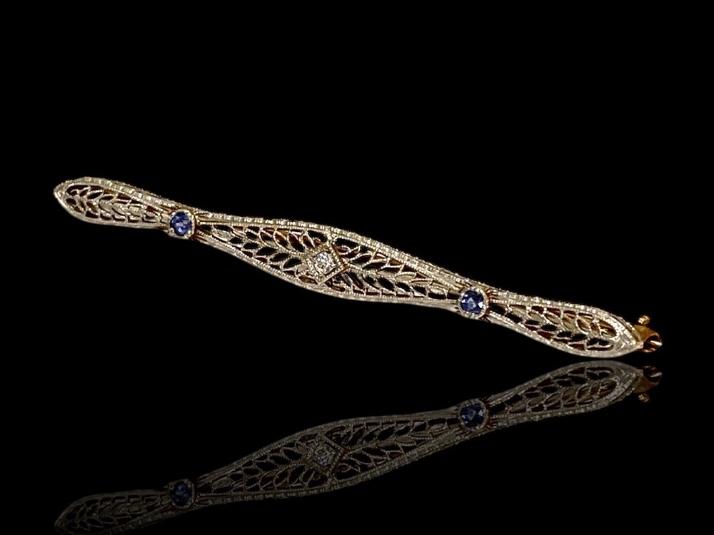 Art Deco 14K Gold & Platinum Top Natural Diamond and Sapphire Tie Bar Pin Brooch
