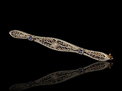 Art Deco 14K Gold & Platinum Top Natural Diamond and Sapphire Tie Bar Pin Brooch