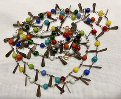 CZECH Flapper Length 54″ ART GLASS BEAD & TEARDROP METAL TAG Necklace VINTAGE