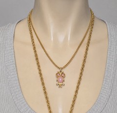 Vintage Double Strand Owl Necklace Pink Cabochon Gold Tone Layered Pendant