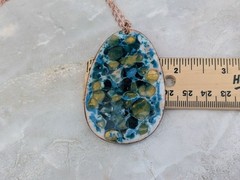 Vintage Enamel on Copper Turquoise Pendant Necklace, Mid Century Modern, 2.5″