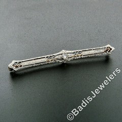 Antique Krementz Edwardian Platinum Top 14k Gold Diamond Etched Bar Pin Brooch