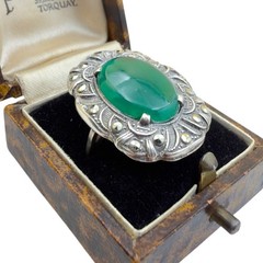 7.2g Antique Vintage Deco 925 Sterling Silver Marcasite Green Onyx Ring S 4.75