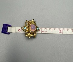 Coro Pin Faux Pink Fire Opal Aqua Rhinestone Gold Plated Mid century Vintage .9”
