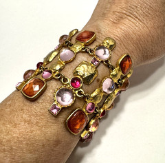 Vintage Signed VCLM Bracelet Gold Tone w/ Pink & Orange Stones 8″ Long 2.5″ Wide
