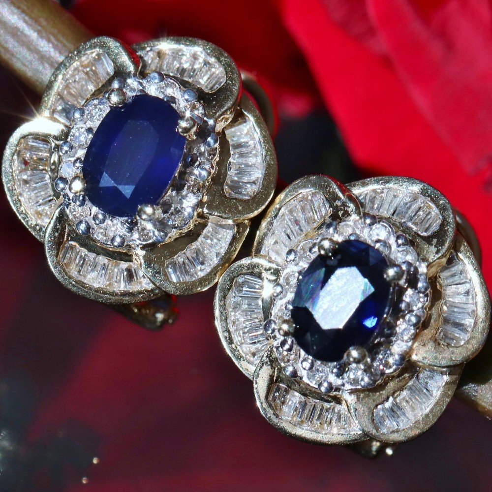 14k yellow gold earrings 3.70ct natural treated sapphire, natural diamond 8.1g