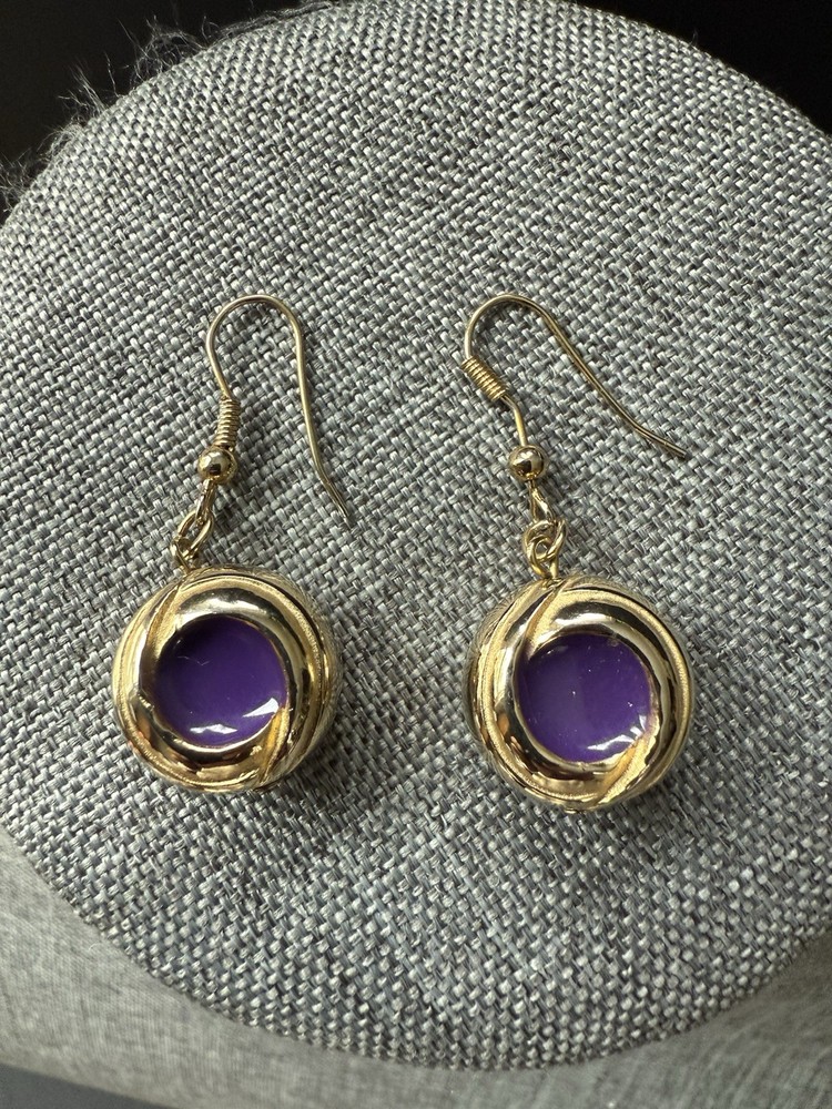 Vintage Enamel Round Hook Earrings Gold Tone Purple Pierced Career Workwear