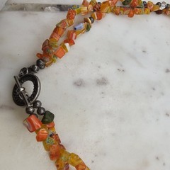 Vintage Millefiori Glass Chip Bead Necklace 20 Inch Strand Orange Two Strand Art