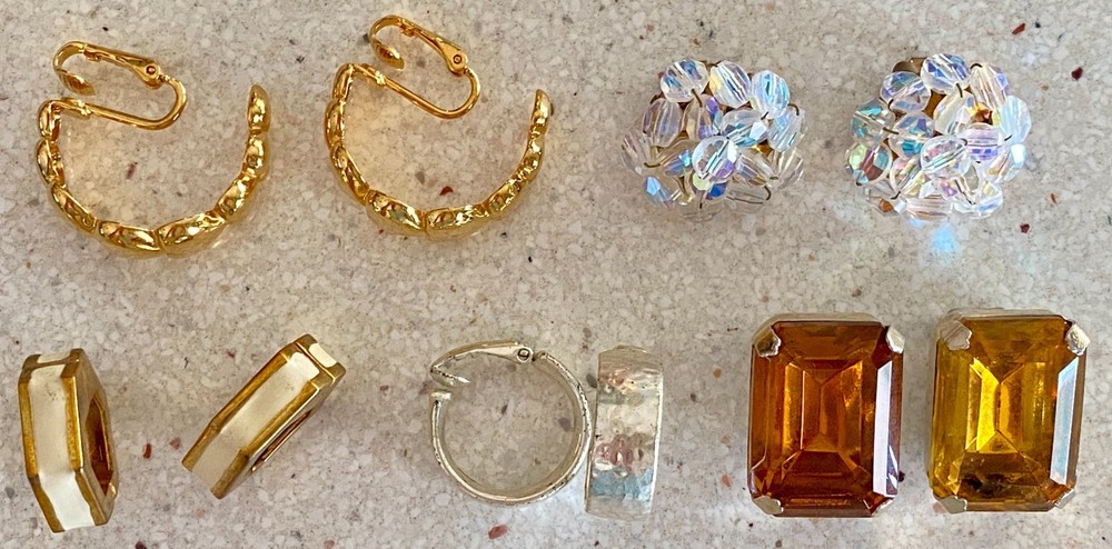 Lot of 5 Vintage Clip On Earrings Gold Silver Tone AB Beaded Enamel Hoop